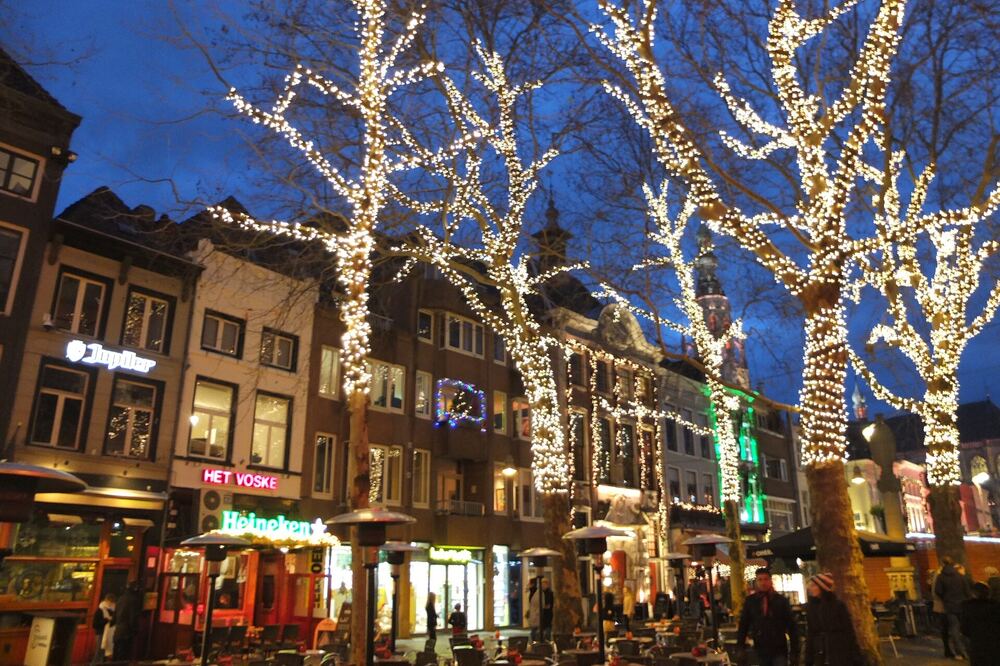 Verlichte bomen en caféterrassen op de Grote Markt in Breda tijdens Betoverend Breda